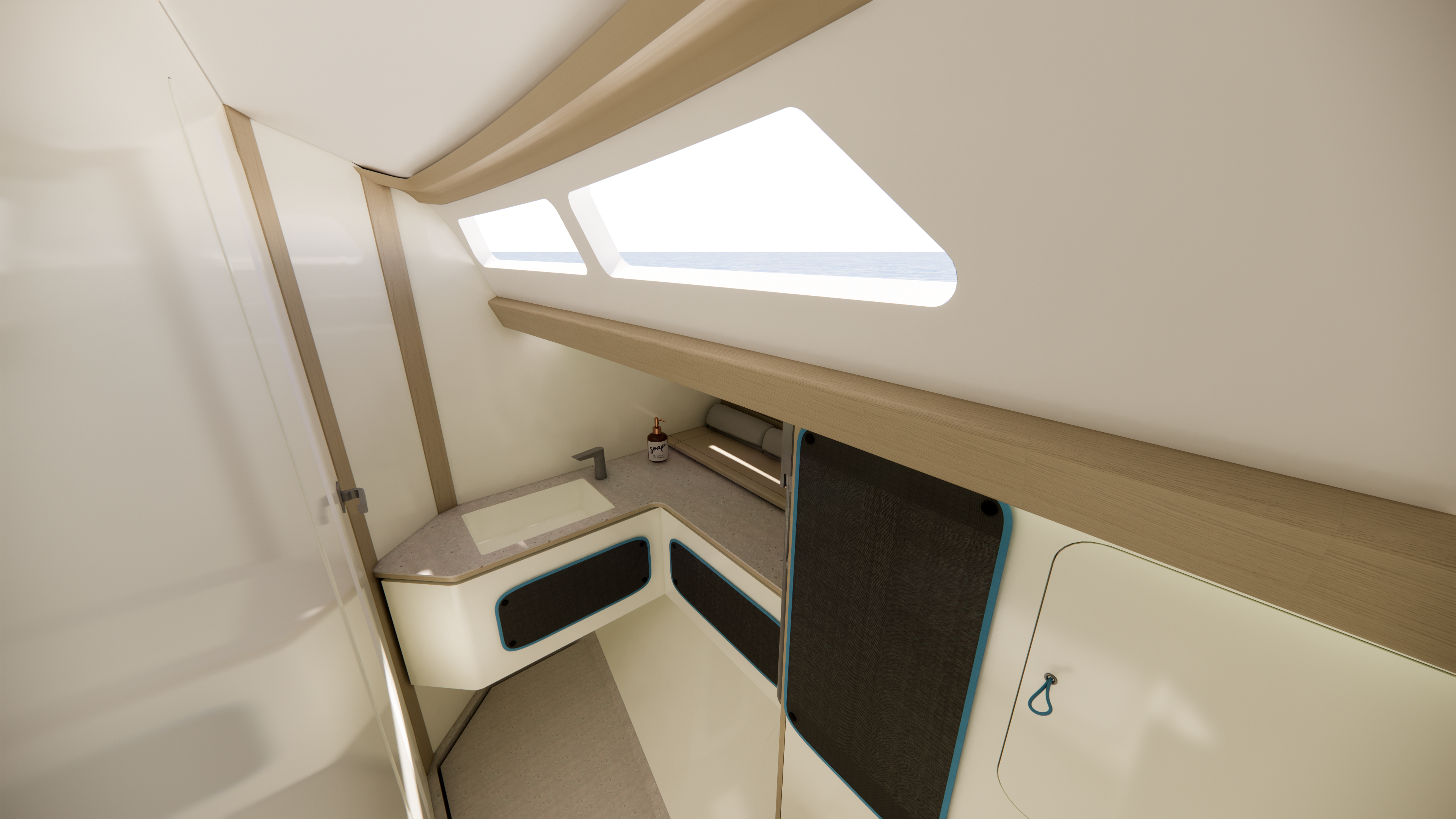 Custom yacht bathroom featuring optimized storage, space-efficient layout and Scandinavian-inspired interior design