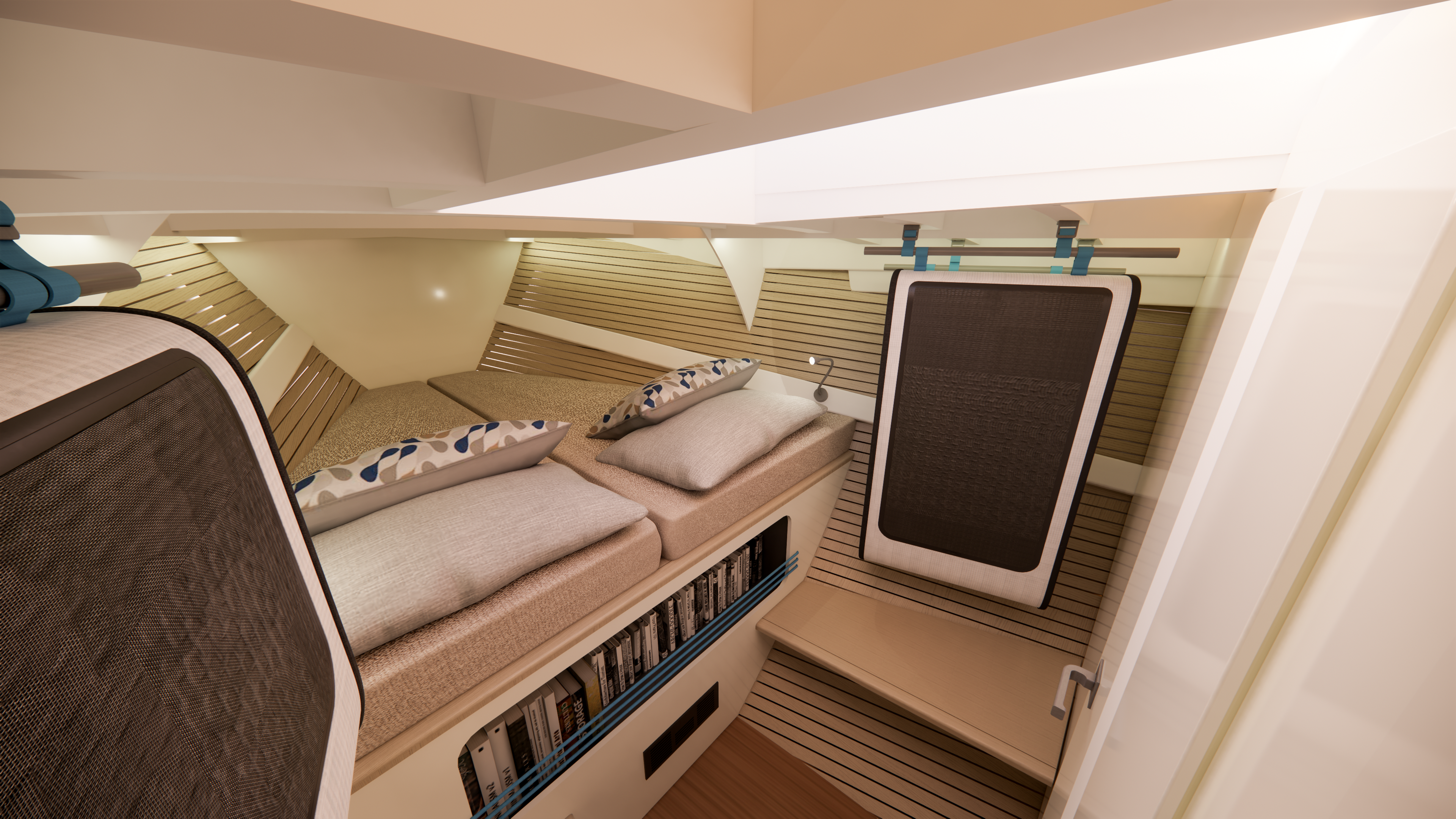 Refurbished interior concept for a traditional sailboat, blending historic character with contemporary amenities