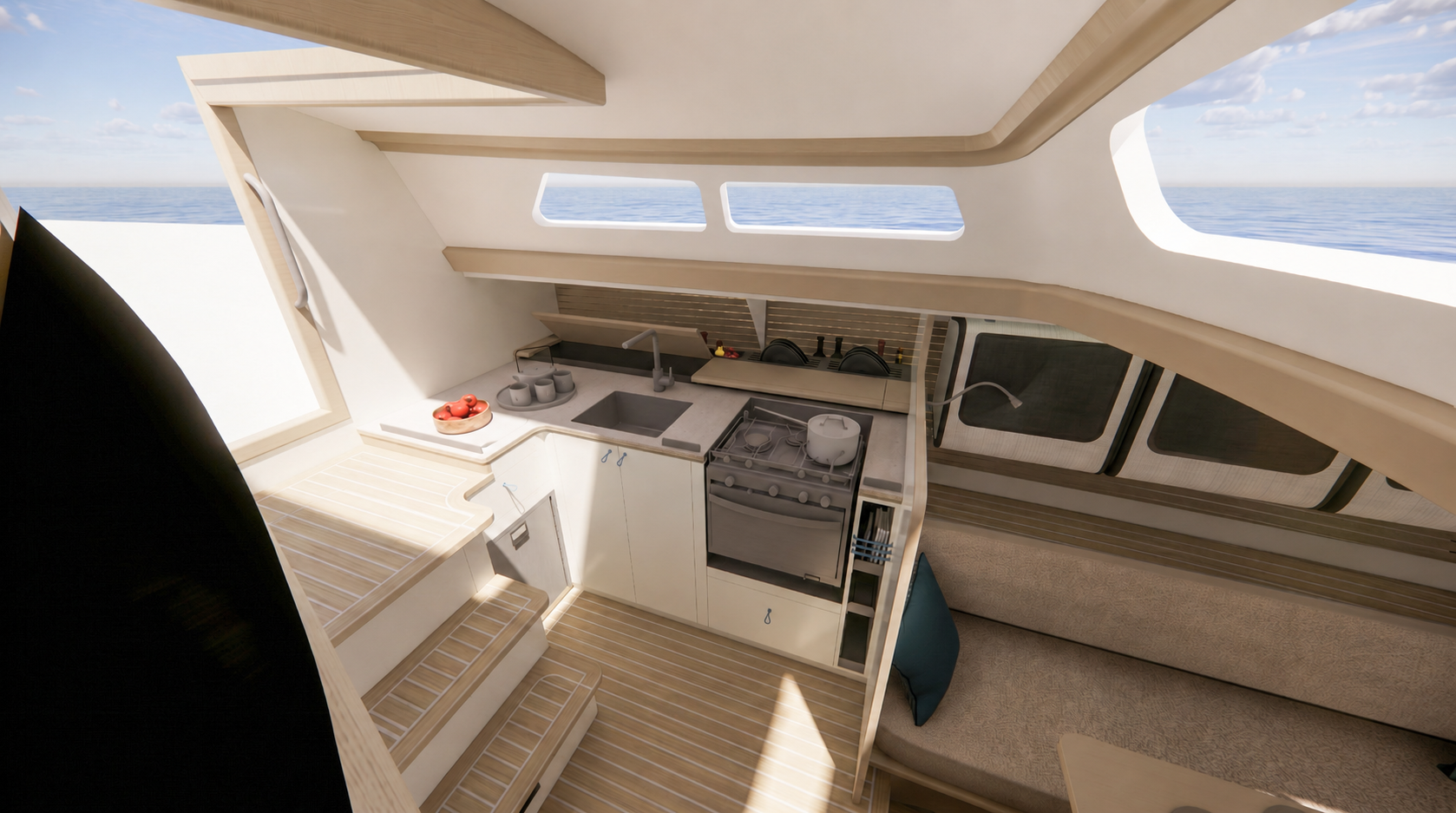 Thoughtfully arranged interior spaces of a traditional sailing boat undergoing renovation