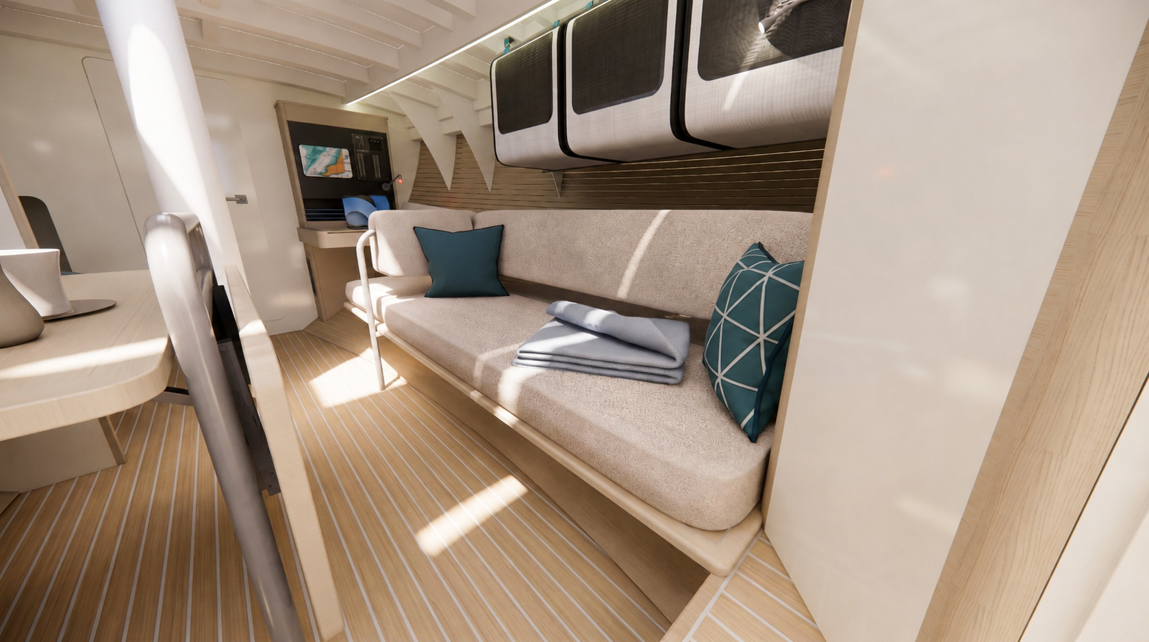 Refurbished interior concept for a traditional sailboat, blending historic character with contemporary amenities