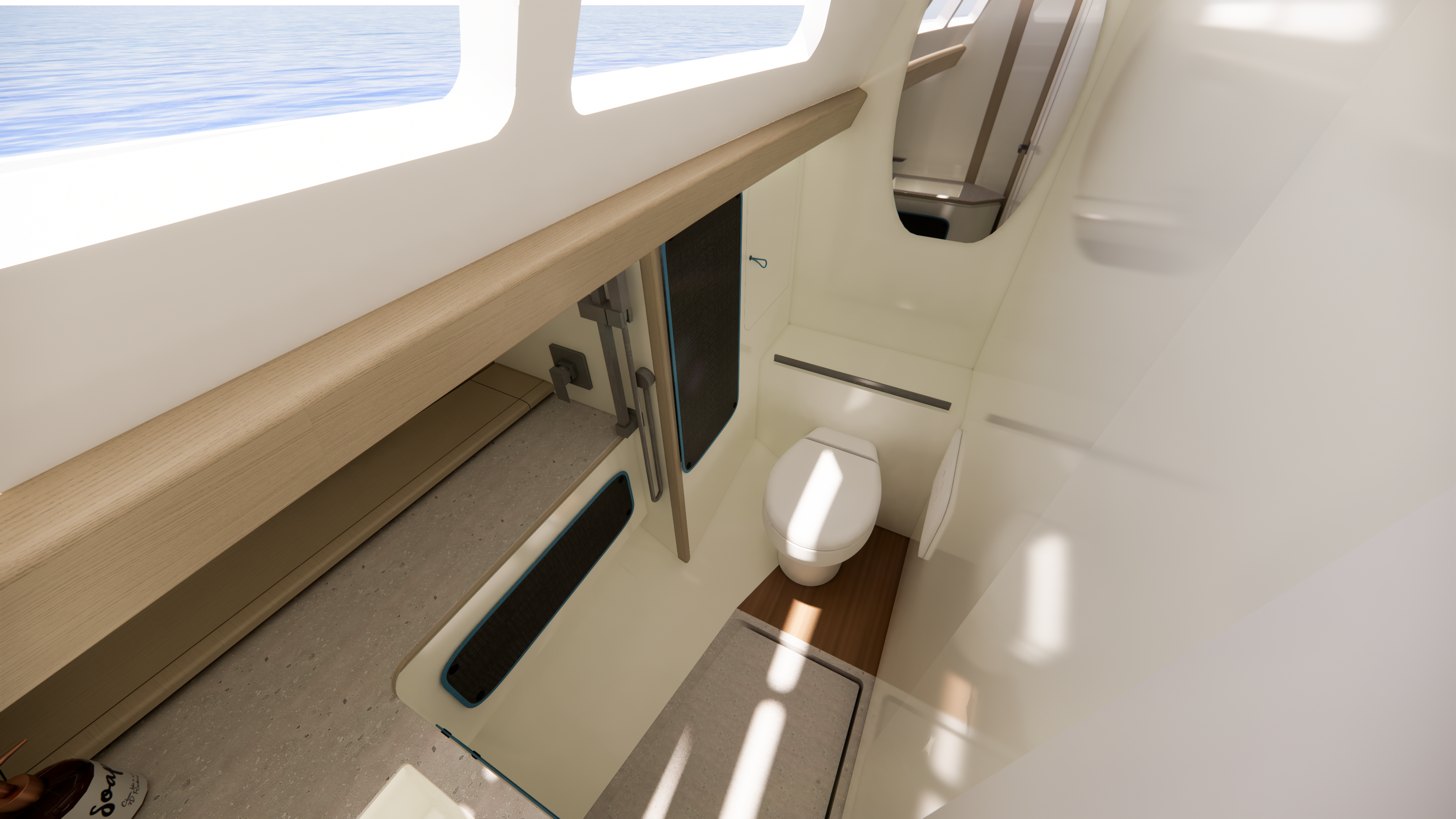 Bespoke yacht bathroom showcasing intelligent storage, seamless circulation, and elegant Nordic-inspired finishes
